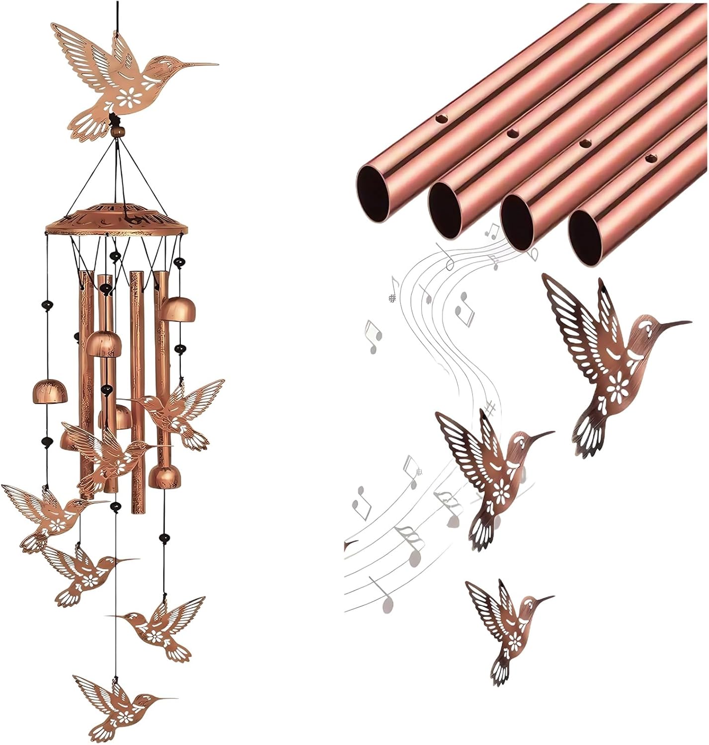 Outdoor Hummingbird Wind Chime, Antique Bronze Metal Commemorative Gift of 7 Handmade Hummingbirds, Consolation Gift for Garden, Yard, Mother, Grandmother