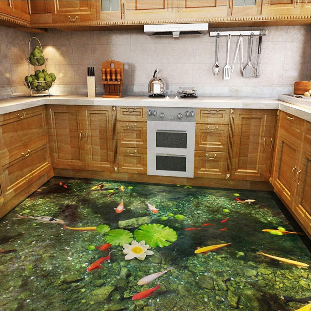Mznm Custom 3D Hd Lotus Pool Carp Wall Mural Floor Wallpaper Kitchen Vinyl Self-Adhesive Wall Paper Waterproof Mural for Bathroom-280X200Cm