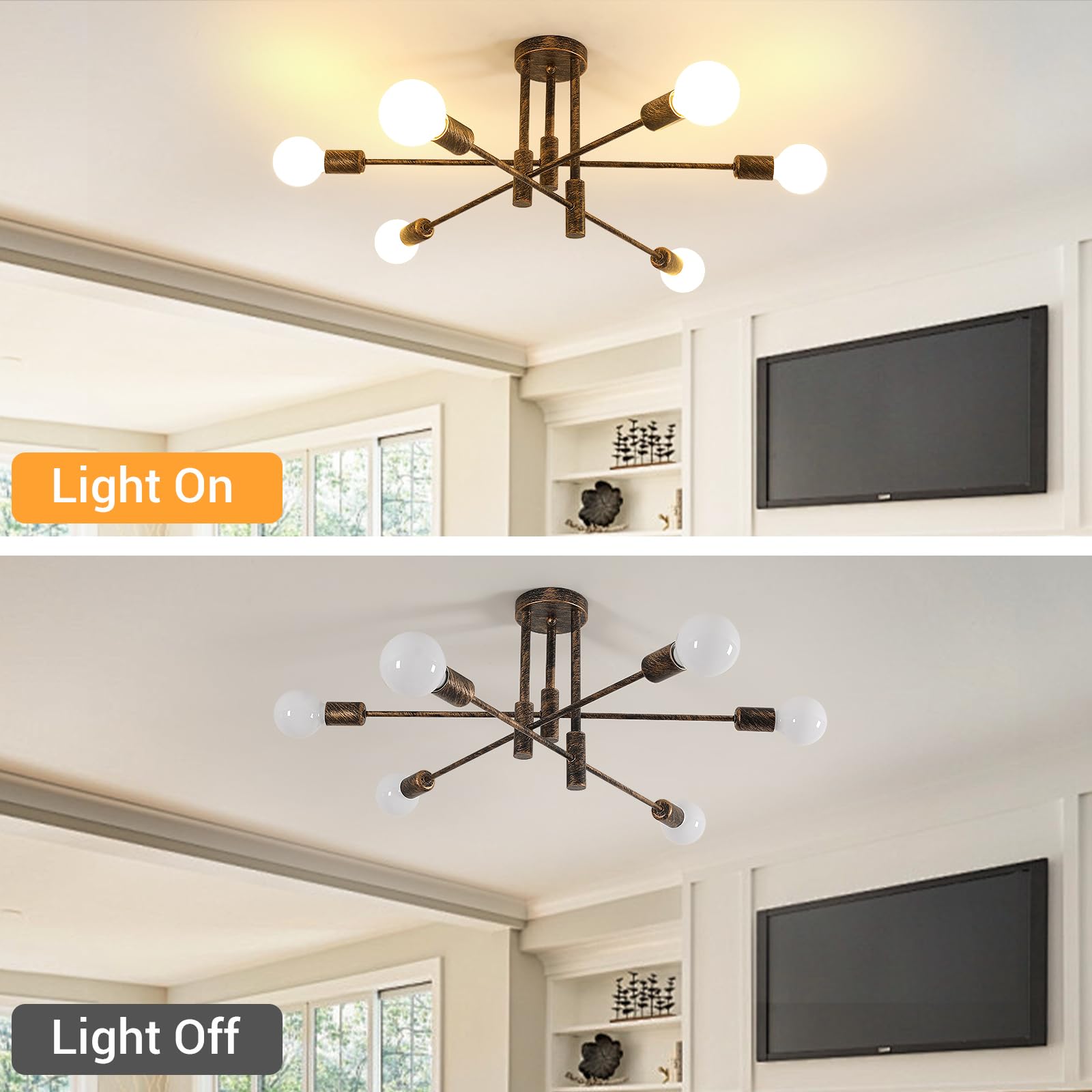 Comely Vintage Sputnik Chandelier Ceiling Light, 6 Lights Semi Flush Mount Ceiling Lamp - Image 4