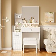 Dripex Coiffeuse Blanc, Table de Maquillage Moderne avec Miroir et Tabouret, 4 Tiroirs, Confortable Tabouret 87 x 40 x 144CM (87x40x144 cm)