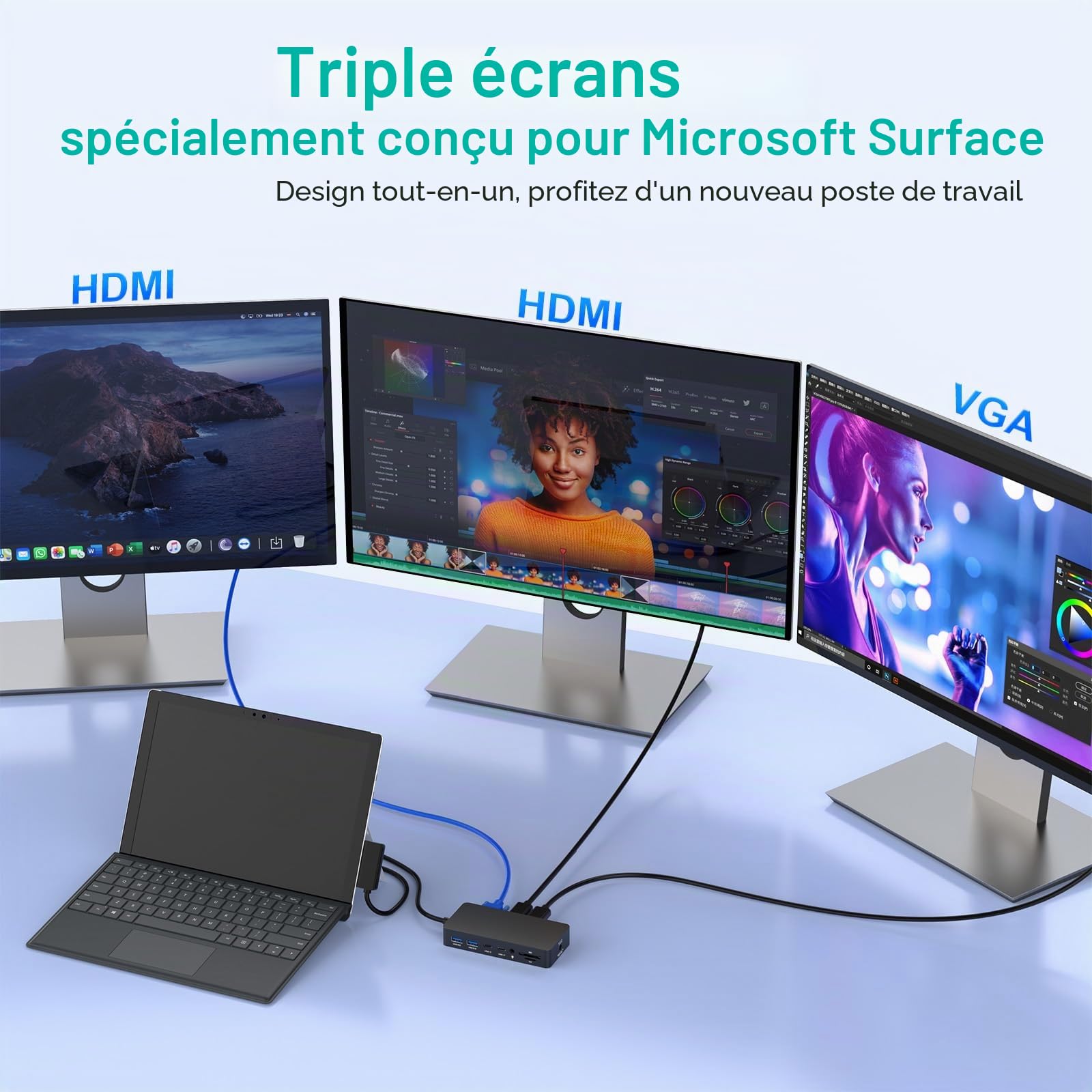 Station d'accueil Microsoft Surface Dock triple écran, double HDMI et VGA, avec adaptateur secteur,12 en 1 pour Microsoft Surface Pro 11/10/9/8/X/7/6/5/4/3,Surface Laptop 7/6/5/4/3/2/1,Surface Book Go