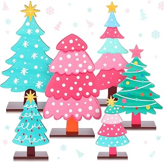 6 Pcs Pastel Pink Wood Christmas Tree Tabletop Decoration Rustic Farmhouse Wood Christmas Tree Centerpieces with Base for Xmas Holiday Winter Home Tiered Tray Fireplace Table Decoration