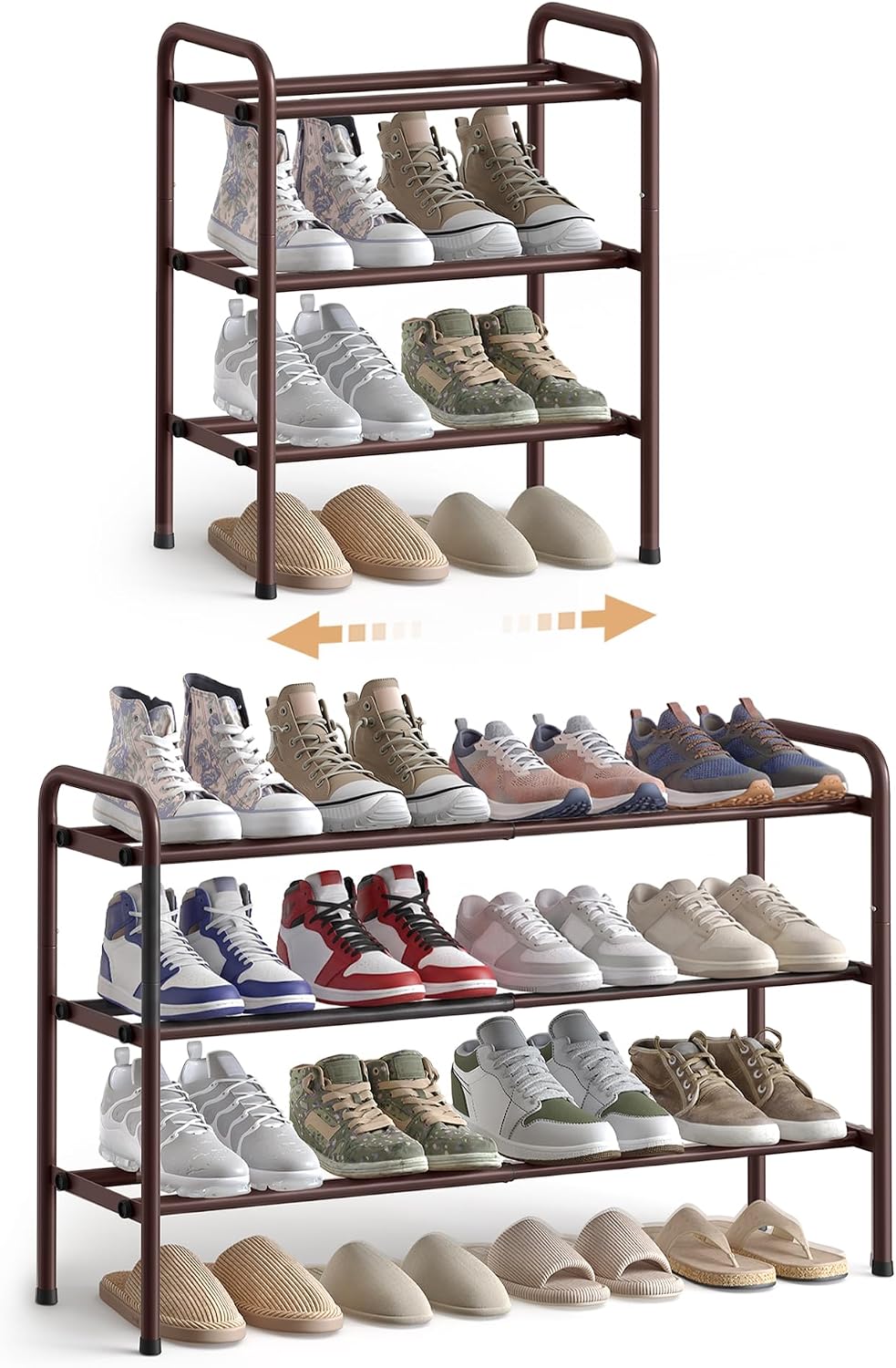 SONGMICS Expandable Shoe Rack, 3-Tier Metal Shoe Shelf Storage, Adjustable Shoe Organizer, Free Standing Shoe Rack for Entryway, Closet, Doorway, Easy Assembly, Bronze ULMR039A01