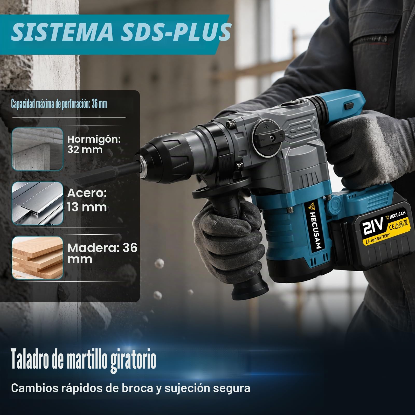 Martillo de Demolición SDS-Plus 8J con Motor Sin Escobillas, Martillo Percutor con 2 Baterías 4.0Ah y Cargador, Control de Vibración y Embrague de Seguridad, Cinceles y Brocas, Caja de Almacenamiento