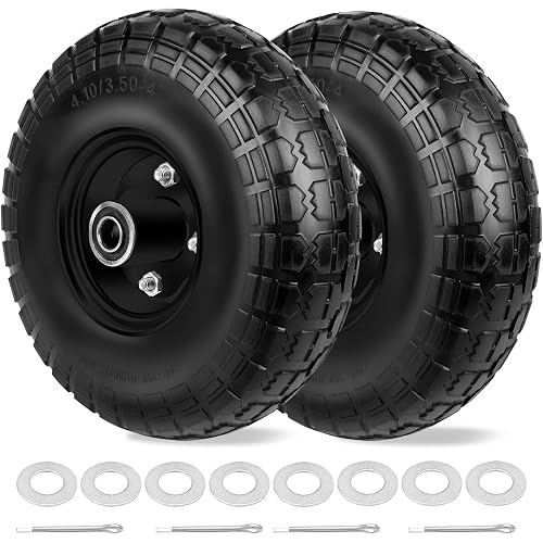 4.10/3.50-4 Tires and Wheels Flat Free 10 Inch Solid Tires Replacement with 5/8" Axle Bore Hole, 8 Spacers 4 Pins, for Cart, Garden Wagon, Wheelbarrow, Hand Truck, Trolley, Lawn Mower, 2P