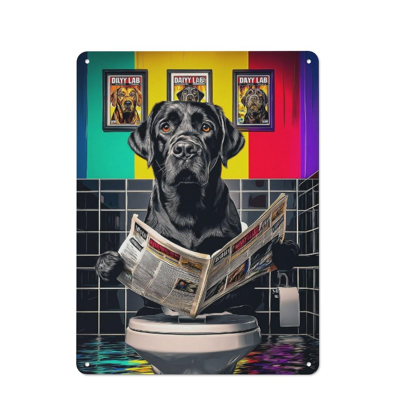 Retro Labrador Reading Newspaper on Toilet -1 Metal Sign 40x30cm, Classic Pub Decor for Cafe, Pub, Workshop Or Home Bar, for Casual British Interiors