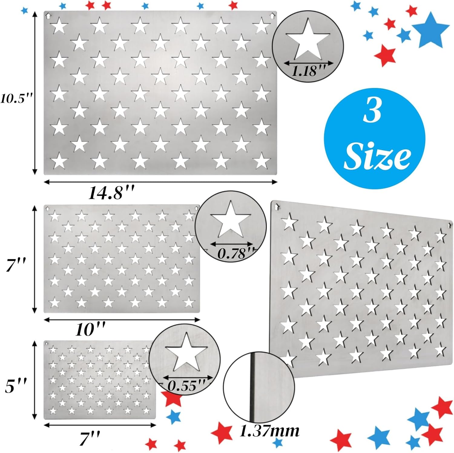 Acshio 3 Pack American Flag 50 Star Stencils, Stainless Steel Stars Stencils Template, Reusable Star Shaped Metal Painting Templates for Carving Stars on Wood, Fabric, Paper, Walls Art