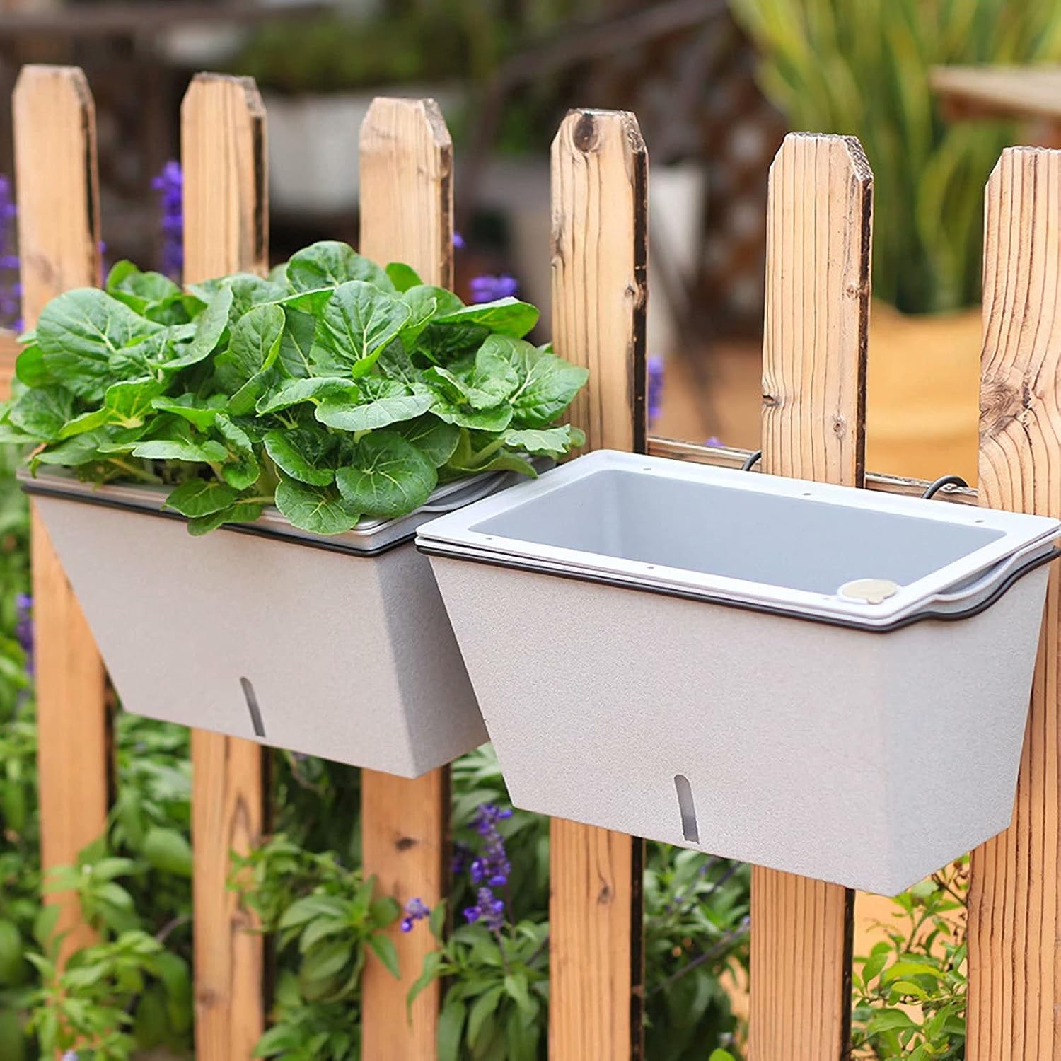Self Watering Planter Pots with Iron Hanging Shelf Indoor Outdoor Home Garden Herb Flower Pot for Hanging Railing Balcony Tabletop, 12x6.2+Hanging Shelf