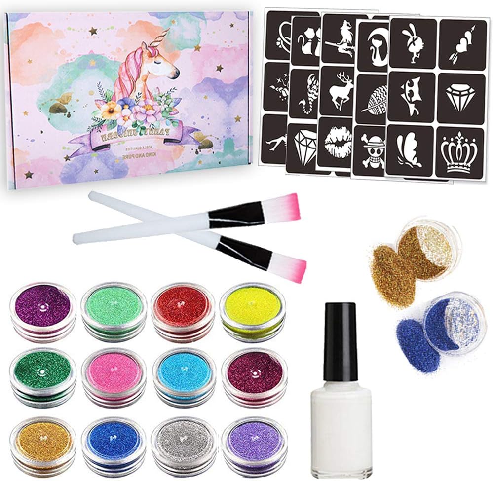 Glitter Tattoo Kit Art Glitter Glue Applicator Face Glitter Painting Kits 12 Color Powder Glitter Pens with 30 Fashion Cute Puppy Cat Rose Face Glitter Stickers for Kids
