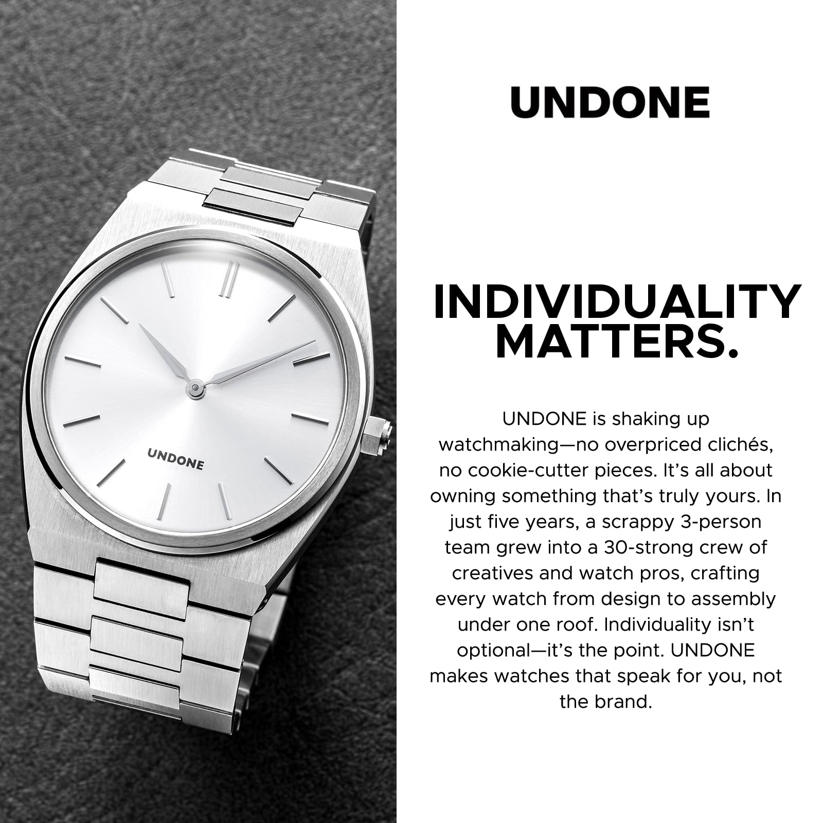UNDONE Slim – Herrenuhr, Uhren für Herren – 37 mm Edelstahlgehäuse und Armband, Sunray Silver Zifferblatt, Schweizer Ronda 1062 Uhrwerk – Geschenk