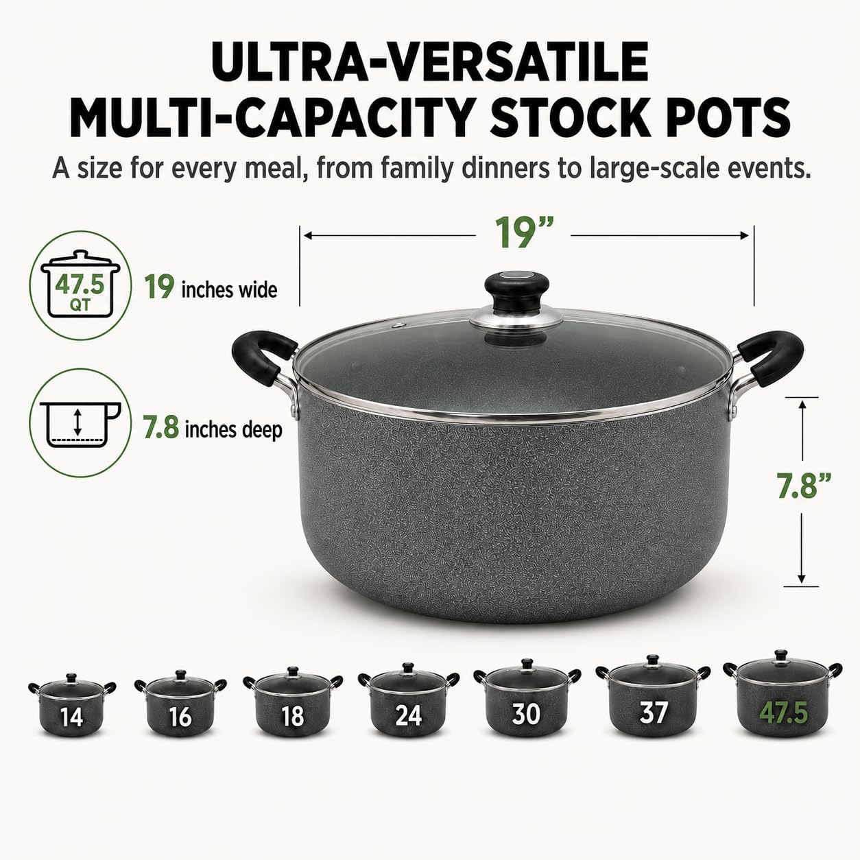 American Dream 47.5QT Sauce Pot with Glass Lid | Heavy-Duty Aluminum Stock Pot for Soups, Stews, Pasta & Seafood |Dutch Oven Style Cooking Pot with Stay-Cool Handles | Easy-Clean, PFOA-Free Cookware image 2