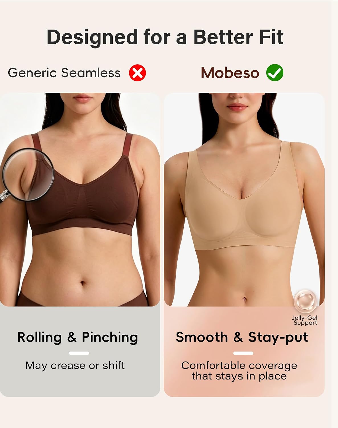 2 Pack Seamless Wireless Bras for Women, Deep V Jelly Gel Support Push Up Bra, Comfort No Underwire Invisible T Shirt Bra