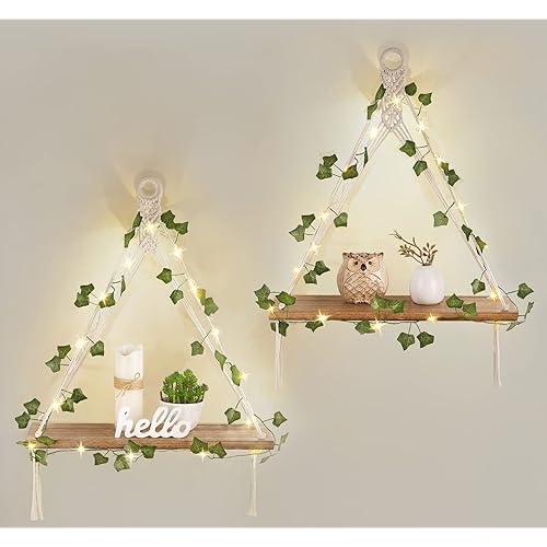 Mkono Artificial Ivy Macrame Hanging Shelves with Lights Set of 2 Boho Wall Decor Display Plants Photos Wood Floating Storage Shelf for Bedroom Bathroom Living Room Nursery Dorm Kitchen, White