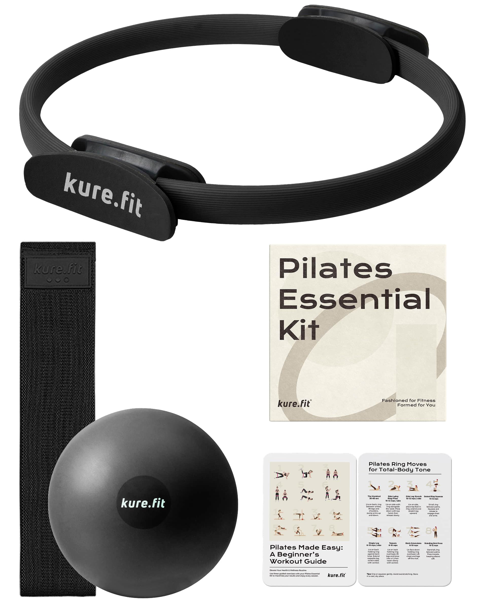 kure.fit Home Pilates Essentials Kit for Women | Pilates Ring, Mini Ball, Booty Band Set | Pilates Equipment Starter Set in Gift Box | Workout Guide Included — image 1