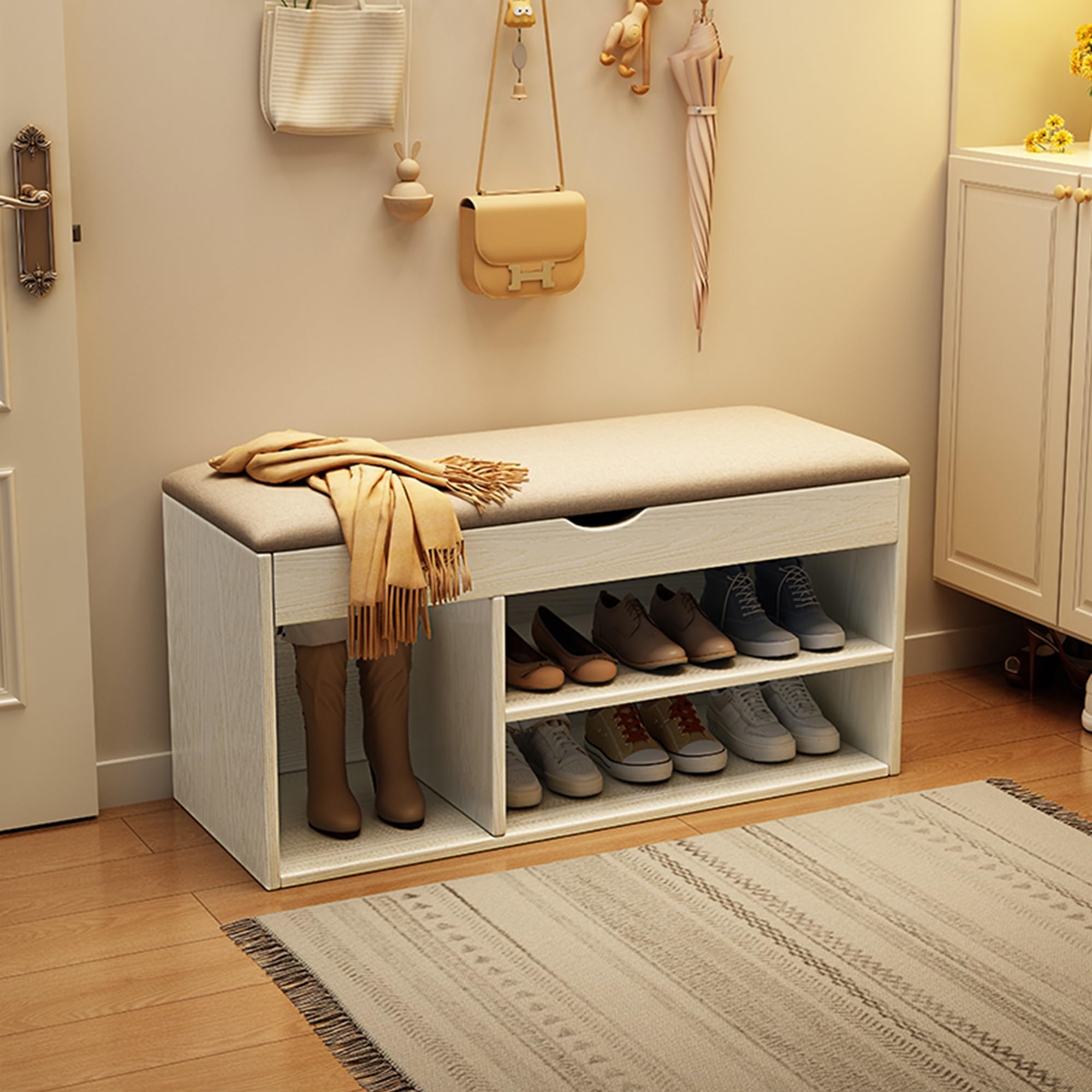 Aioneer Stylish Open Shoe Rack Cabinet - Entryway Ottoman Storage Bench With Drawers, Rubber Wood Full Floor-Standing Shelf With Soft Cushion, 31.5In For Front Door,Wood 31.5In-White-31.5in
