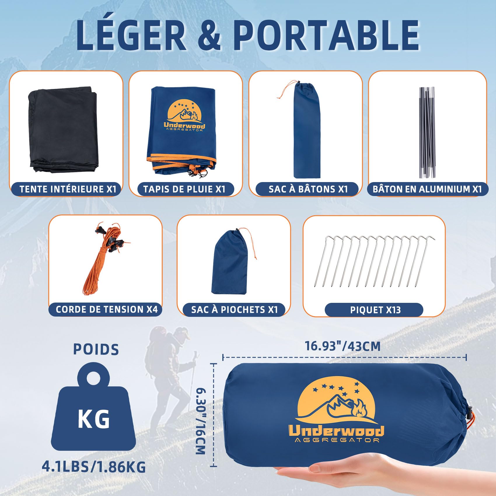 Tente 1 Personne UltraLégère, Imperméable Compacte avec Mât Unique pour Randonnée
