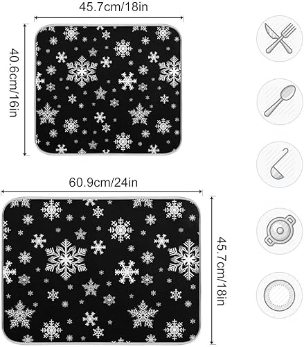 Miniatura 3 de Tapete de secado de platos negro con copos de nieve de invierno para cocina, Navidad, copos de nieve, tapete de secado de microfibra absorbente