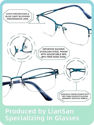 Miniatura 6 de LianSan Anteojos de lectura progresivos de metal multienfoque  para mujeres, con medio borde, a la moda, con luz azul, multifocales para 20 pies,