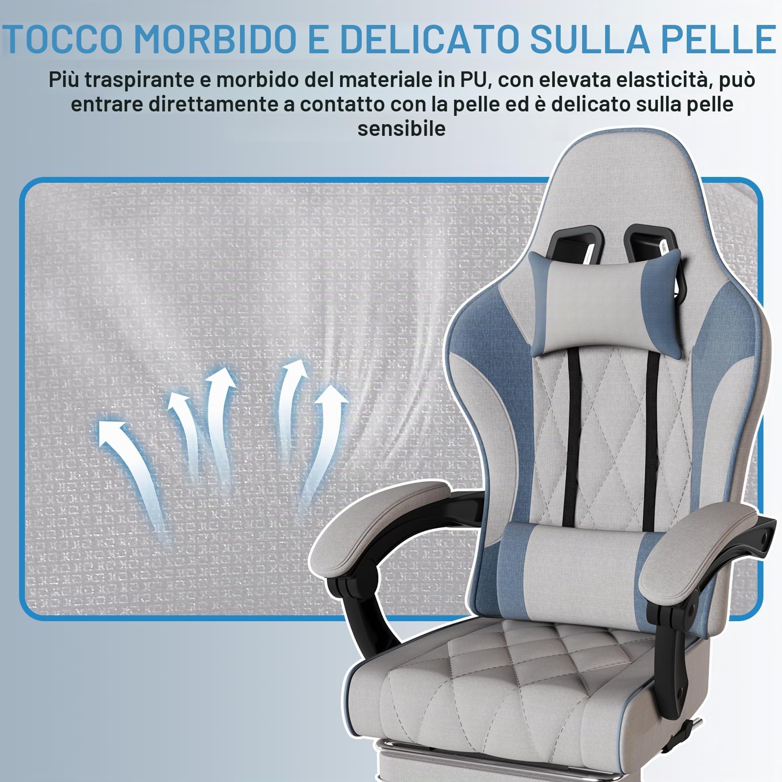 JUMMICO Sedia gaming in tessuto con imbottitura a molla, Sedie ufficio ergonomica con massaggiatore, sedia da gaming con poggiatesta, poggiapiedi, regolabile in altezza, portata 150 kg, Grigio & Blu