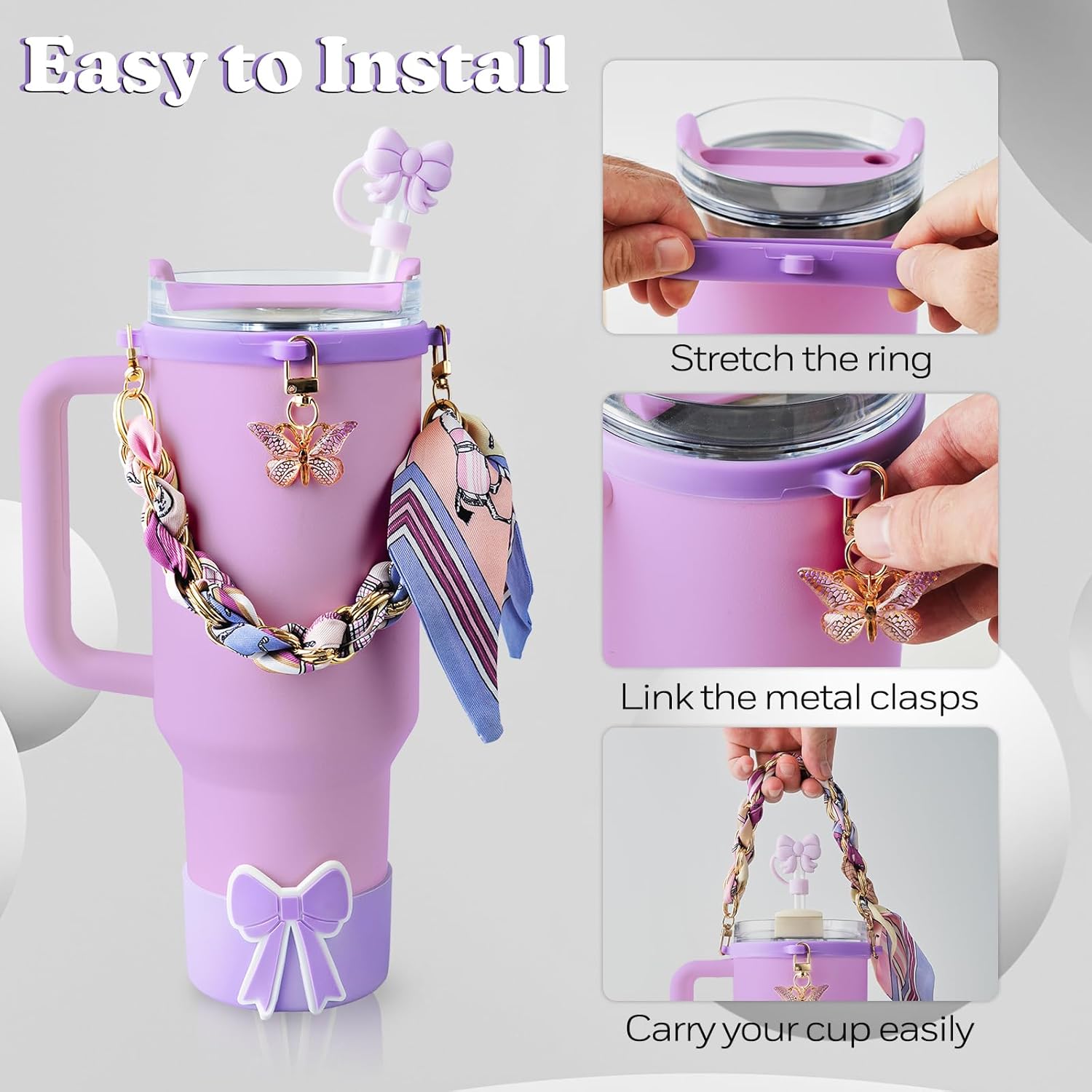 OFFCURVE 5PCS Butterfly Cup Accessories for Stanley Owala, Water Bottle Handle Strap for Stanley 30/40 oz, Including Straw Toppers, Silicone Cup Boot, Keychain Charms, Cup Decoration for Women Girls - Image 2