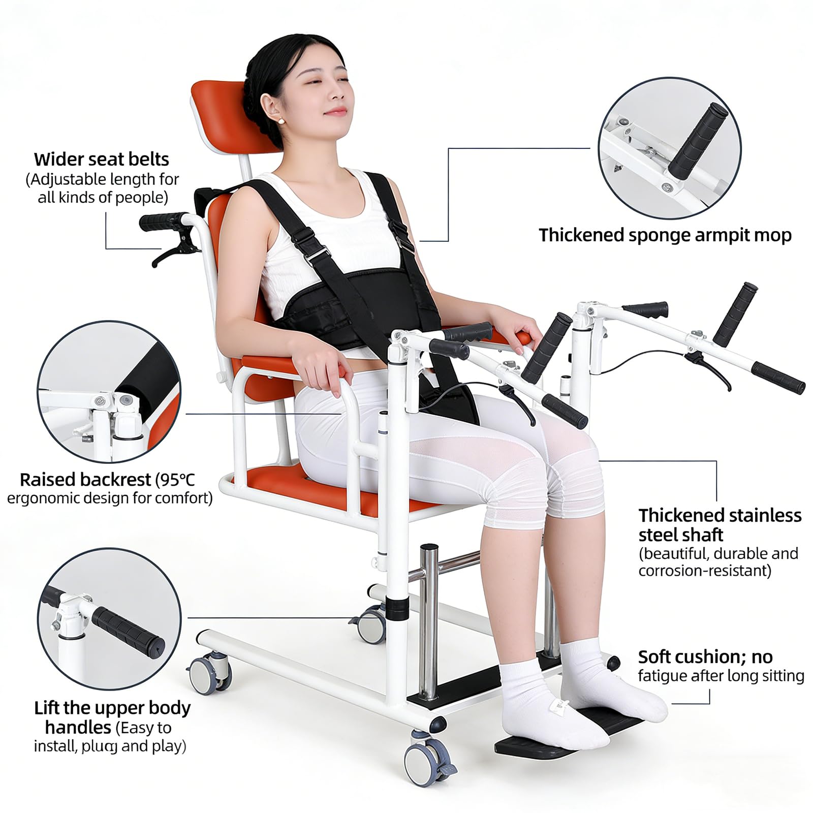 Silla de Transferencia elevadora 5 en 1 para Pacientes Ancianos y Uso doméstico, portátil, con reposapiés de Altura Ajustable, Elevador hidráulico, abatible 180°, soporta hasta 200 kg Orange