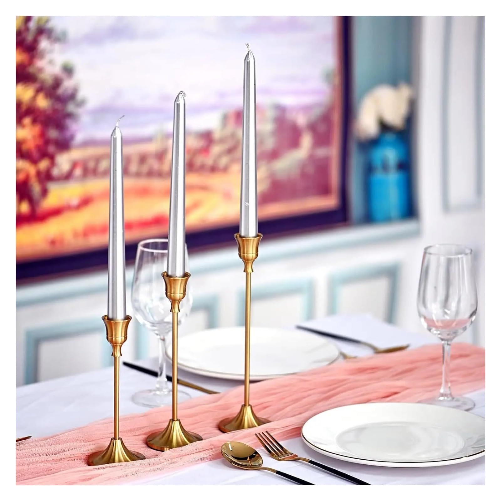 Retro Kerzenhalter für Dinner 3-teiliges Set Kerzenhalter aus Metall, modischer Kerzenständer for Hochzeitstische, exquisiter Kerzenständer for Weihnachtstische(Color4)