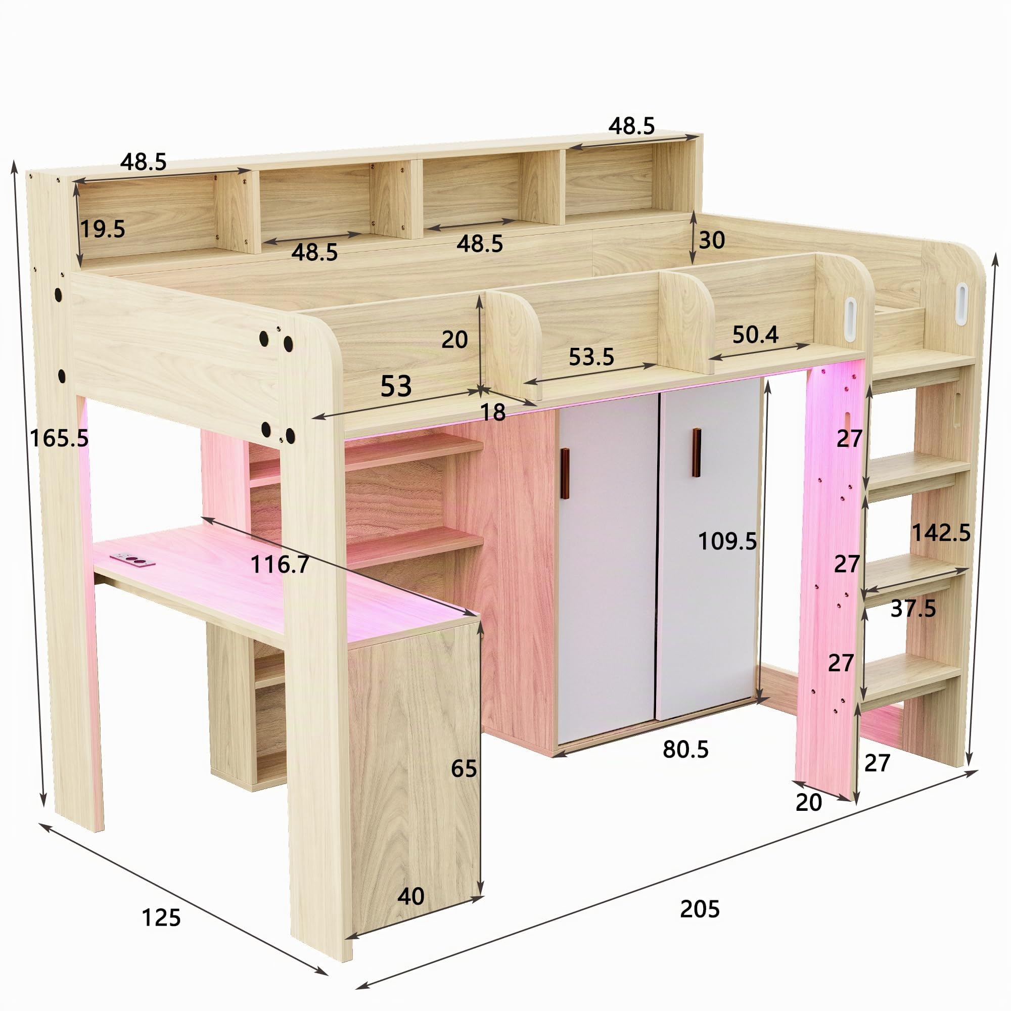Cama alta multifuncional 90x200cm para niños, con escritorio, armario, estante, compartimentos de almacenamiento e iluminación LED, marco de cama infantil con somier de listones (color