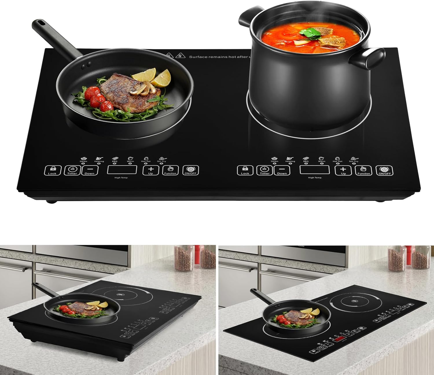 24 Inch Double-Head Electric Ceramic Stove - Touch Control 4000W Kitchen Stove -110V Kitchen Stove With Touch Control Top Stove For Tin Foil Casserole And Stone Pot Bibimbap Fry Simmer Steam Slow Cook