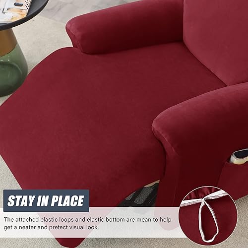 Miniatura 5 de Fundas para sillas reclinables, 4 piezas, funda elástica de terciopelo para sillón individual, protector de muebles suave con bolsillo (carmesí)