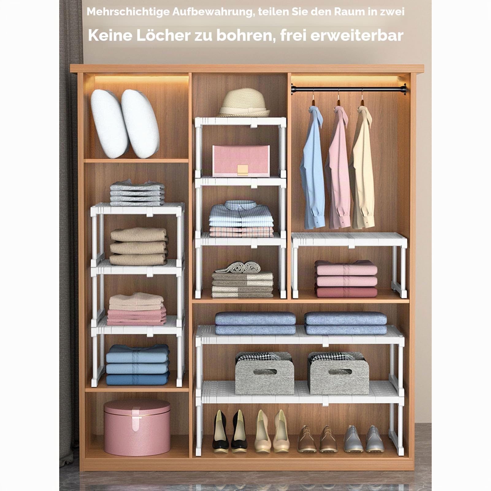 Erweiterbares Schrankregal mit Kohlenstoffstahl, Verstellbares Aufbewahrungsregal für Schränke, Idealer Kleiderschrankteiler und Organizer für Küche, Badezimmer (Länge 47–68 cm)