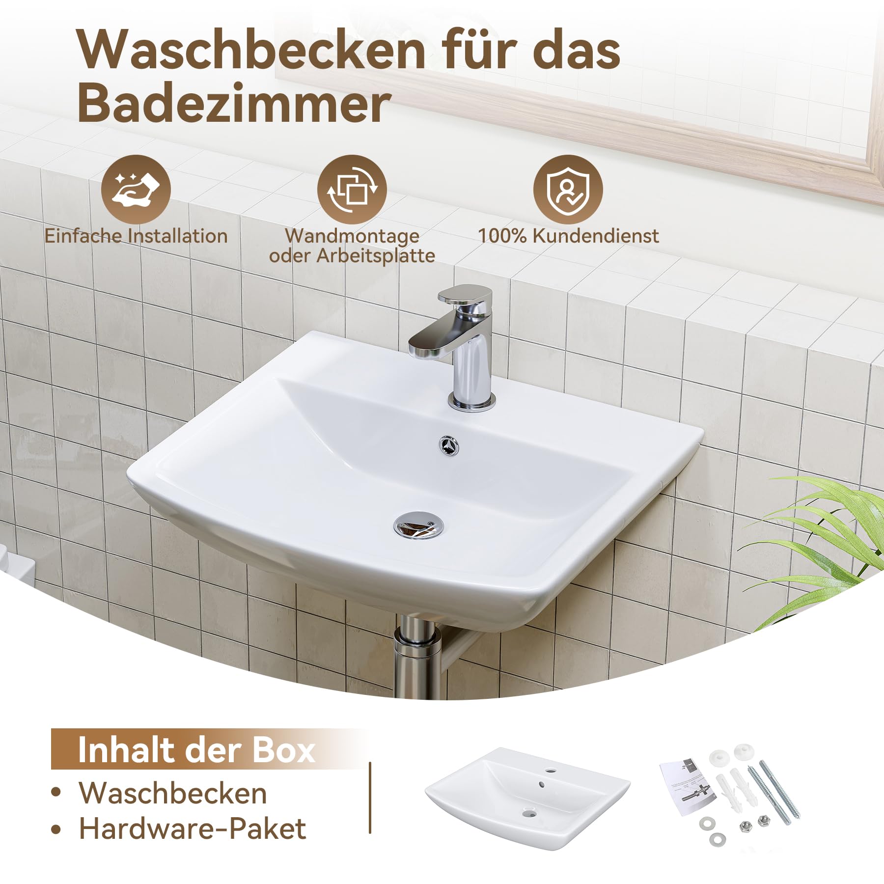 HOROW Lavabo da bagno piccolo con troppopieno, lavabo da tavolo, per bagno degli ospiti, lavabo sospeso, lavabo da parete con foro per rubinetto, in ceramica, bianco, 50 cm
