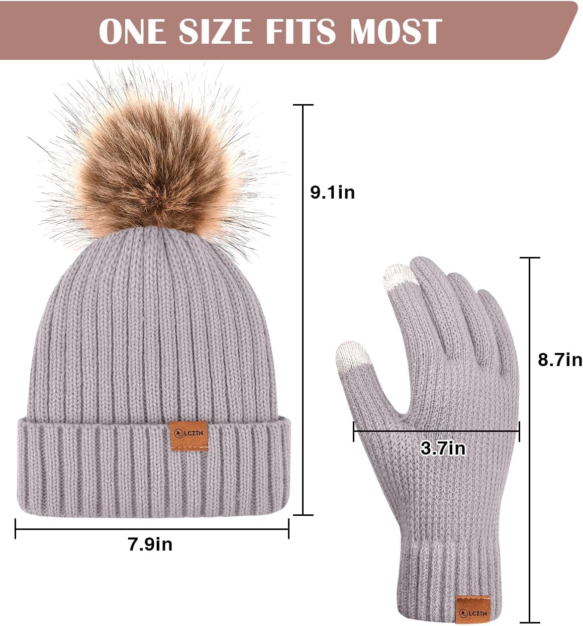 Womens Winter Beanie Hat Gloves Set,Fleece Lined Warm Knit Pom Pom Ski Hat Touchscreen Gloves Set Gifts for Cold Weather - Image 2