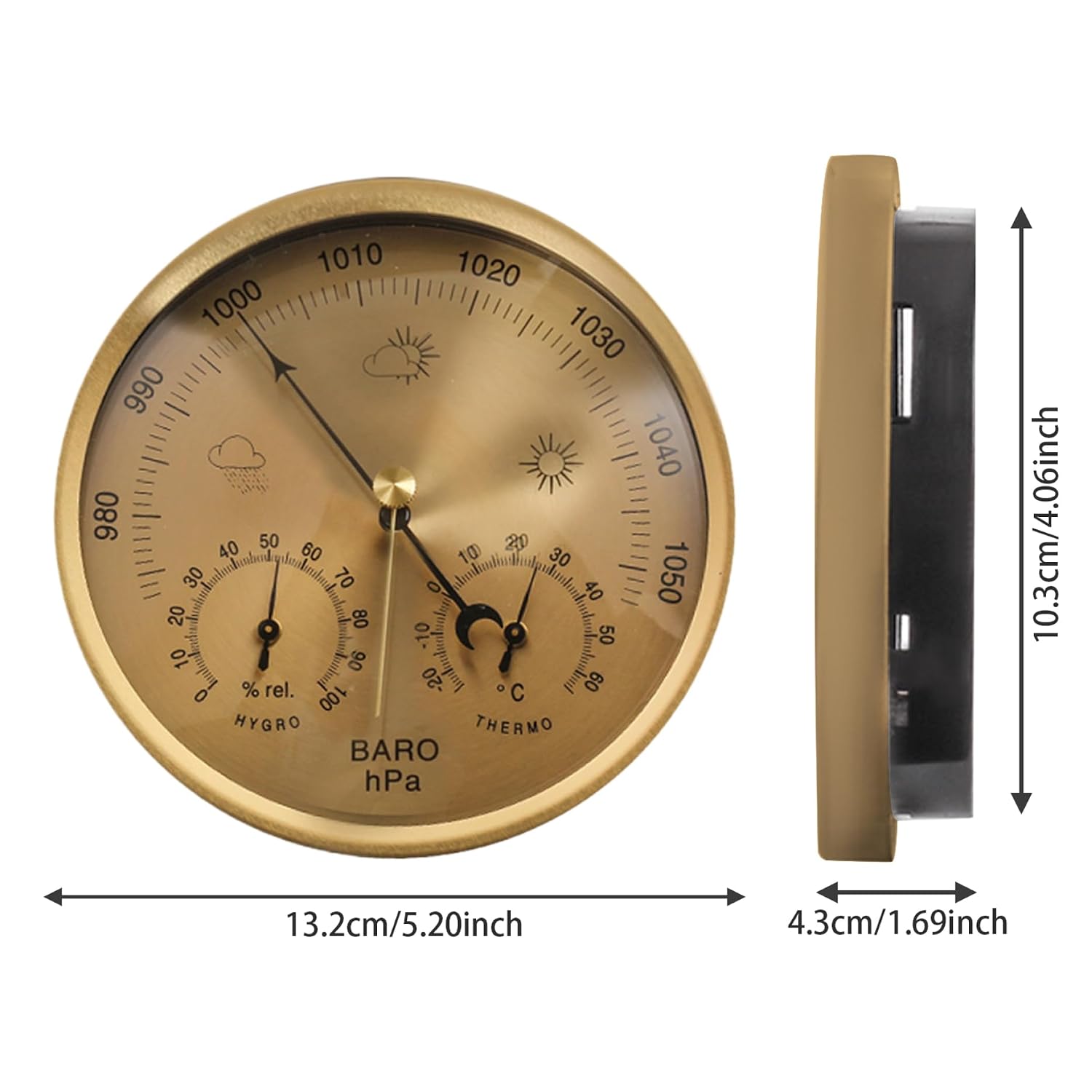 Barometer 3 in 1 5.2inch Barometric Pressure Gauge Mechanical Weather Barometer with Hanging Hole Clear Scaled Thermometer Hygrometer for Indoor Outdoor, Gold