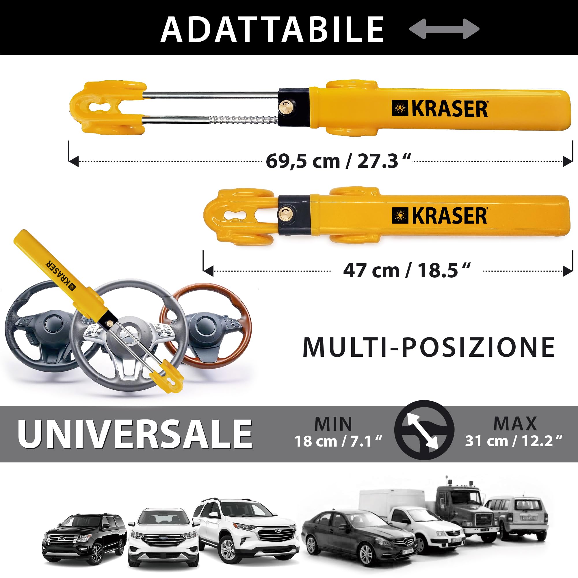 KRASER KR842Y Antifurto Auto Blocca Sterzo Alta Sicurezza, Doppio Gancio Regolabile, Piu Sicuro e Deterrente, Blocco Volante Protezione Antigraffio, Bloccasterzo Universale Automobile Camper Fourgone