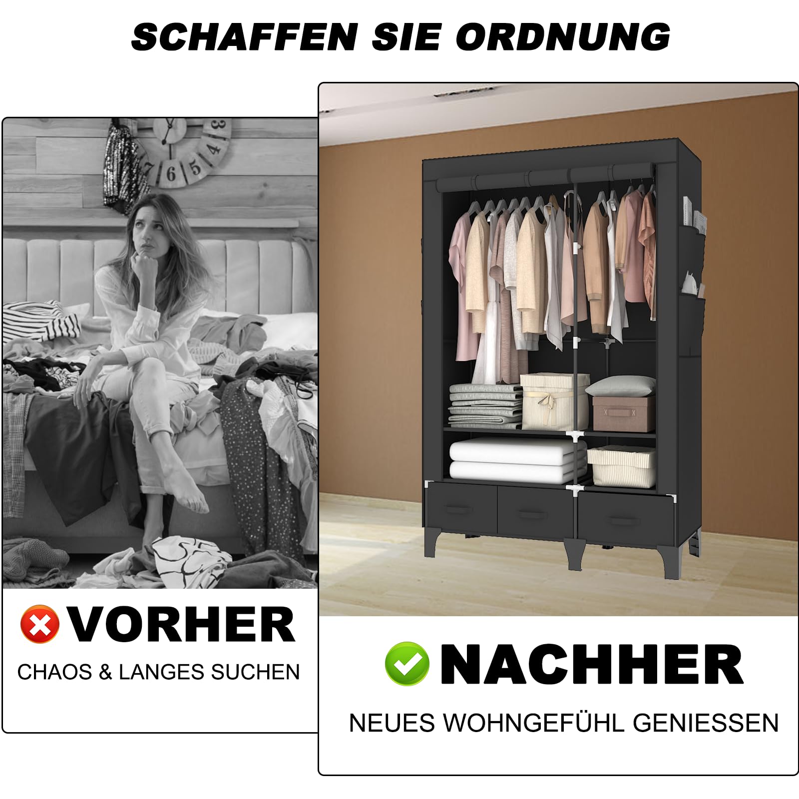 OPPAIYA Armoire en tissu stable - 109 cm de large - Armoire pliante avec 2 tringles et tiroirs - Grande armoire textile pour chambre à coucher - Penderie - Noir - 109 x 45 x 165 cm