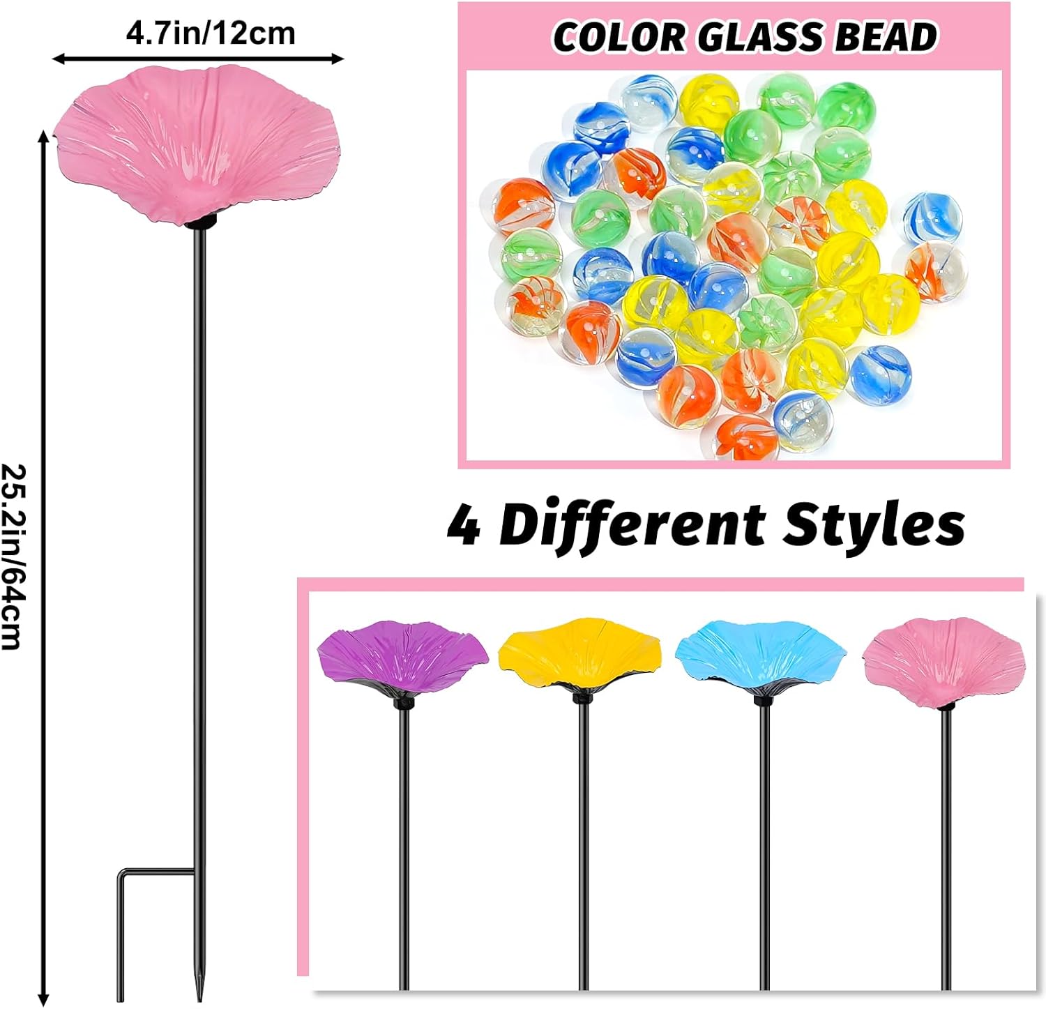 4 Pack Bee Watering Station for Garden, Metal Bee Butterfly Feeder with 40Pcs Glass Marbles, Colorful Butterfly Bee Bath Water Bowl with Flower Design for Outdoor Yard Patio Decor