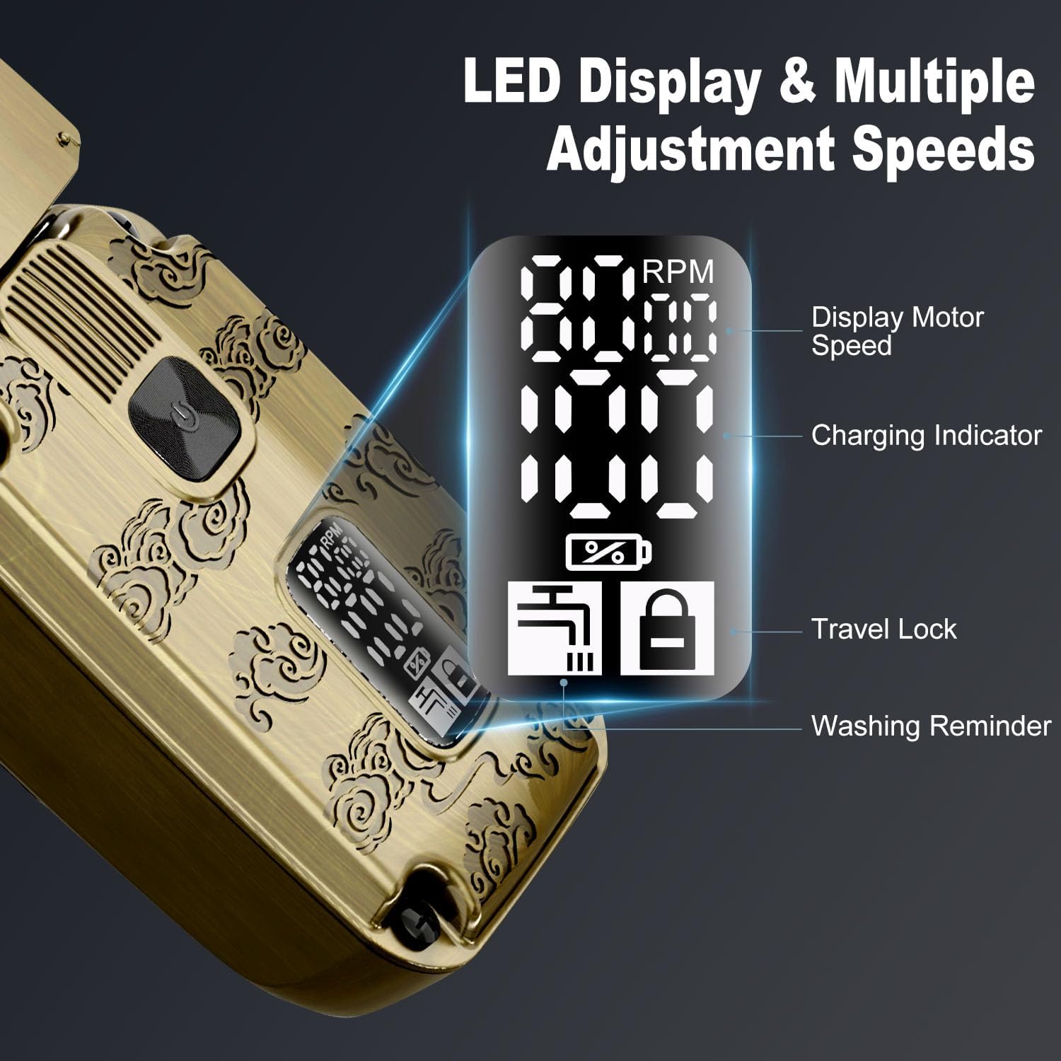 Close-up of Scttomon HT-933 LED display showing RPM, charging indicator, travel lock, and washing reminder