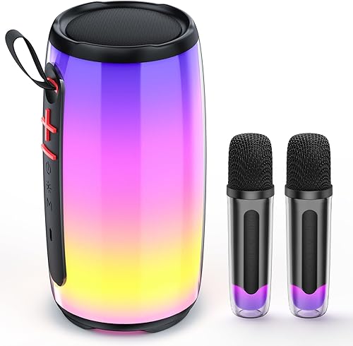 Mini máquina de karaoke, altavoz portátil de karaoke para adultos y niños con luces deslumbrantes y 2 micrófonos inalámbricos, regalos de