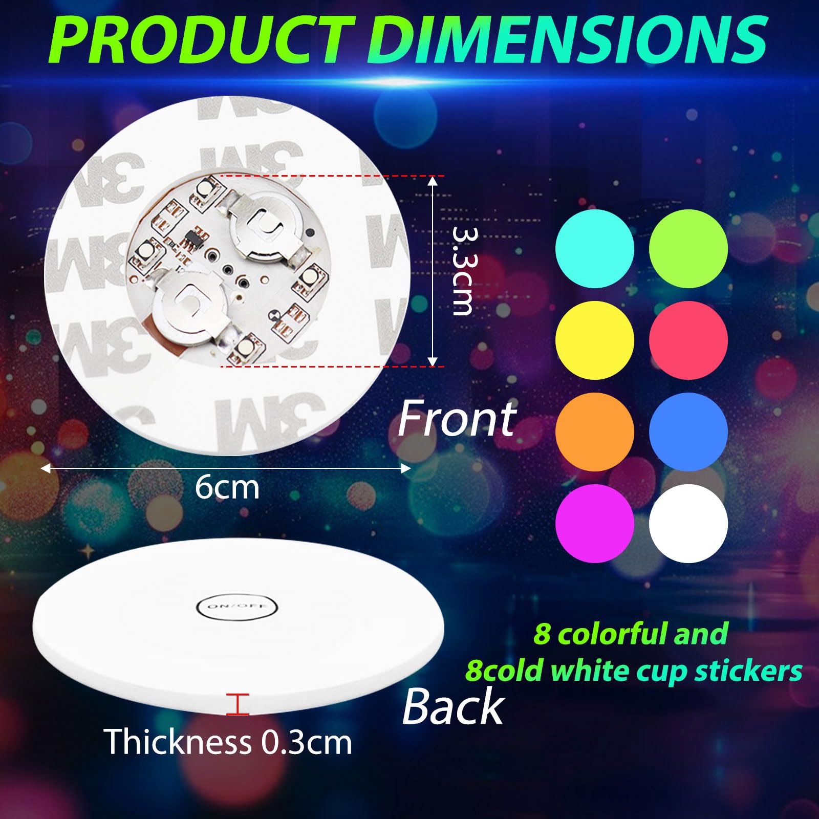 Posavasos LED Autoadhesivos 6cm 7 Modos de Luz 16 Piezas