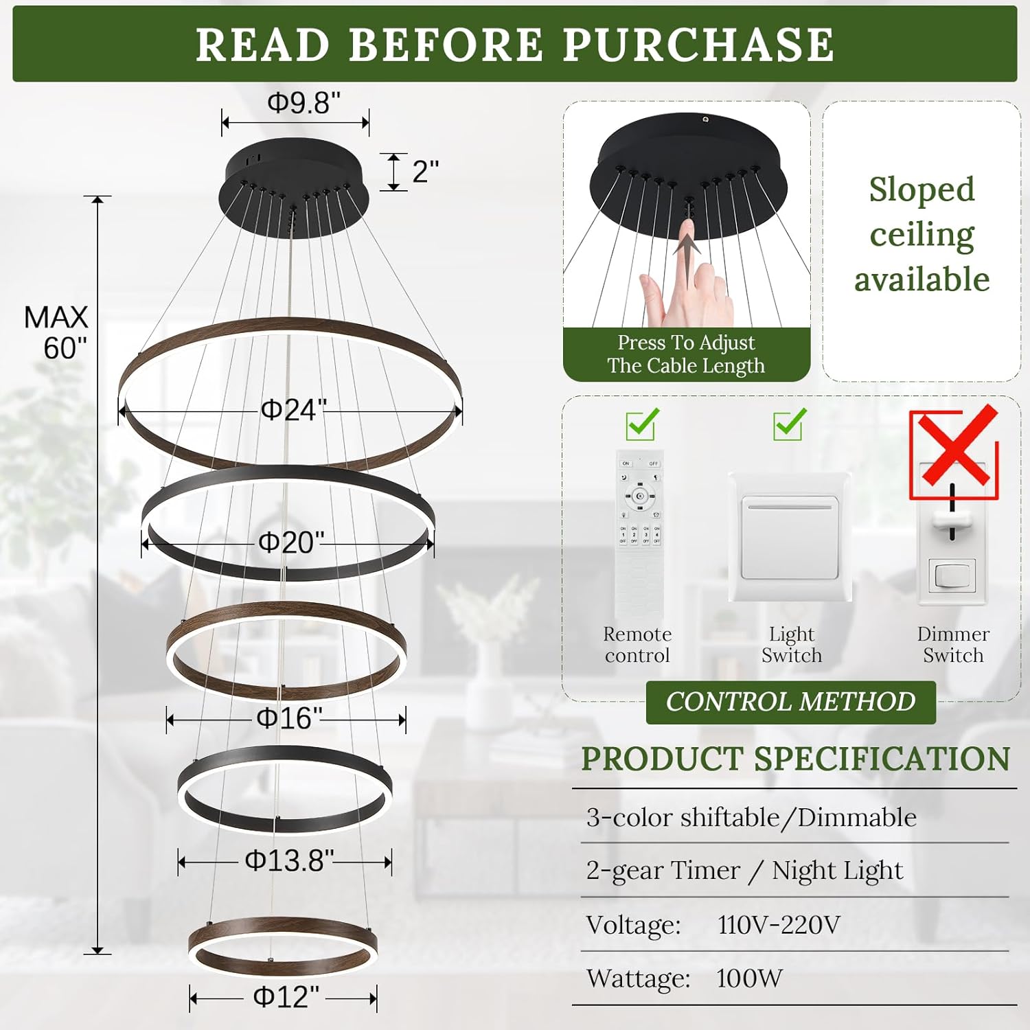 LED 5-Ring Chandelier for High Ceiling Foyer Chandelier with Remote Control Dimmable Circle Round Light Fixture Modern Wood & Black Ring Chandeliers for High Ceiling Living Room Entry, 100W