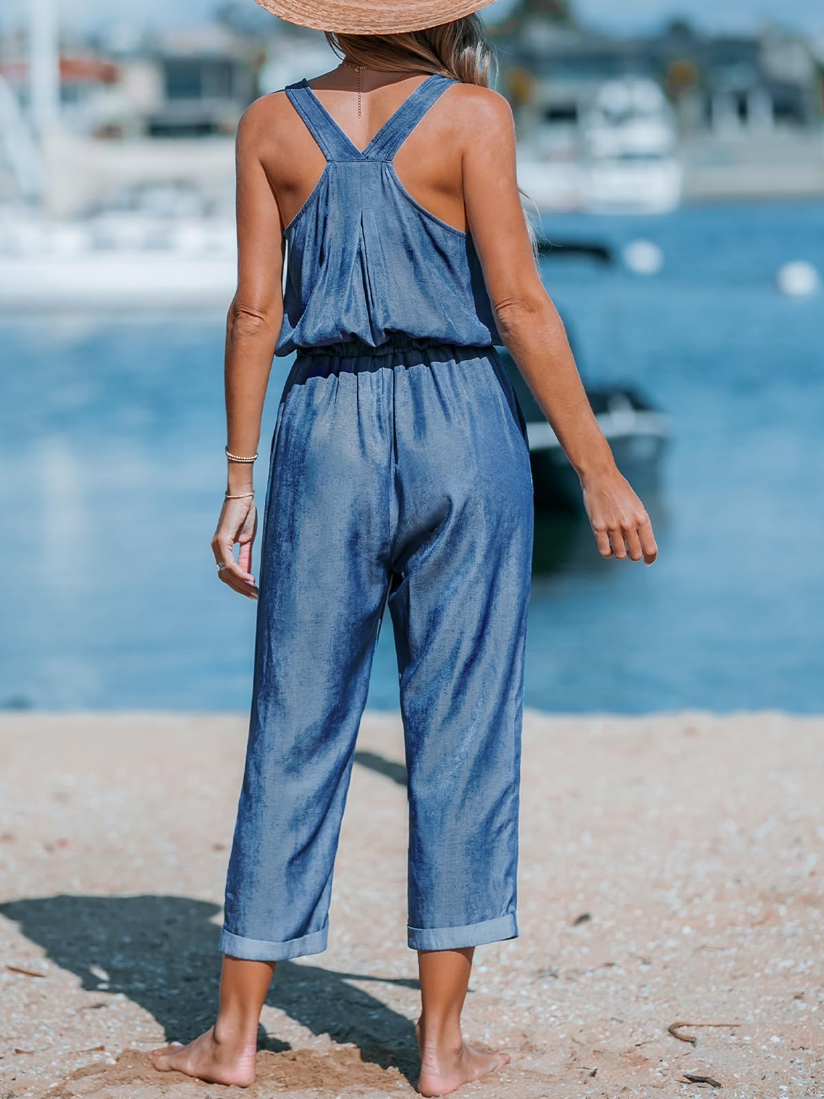 CUPSHE Combinaison pour femme avec col rond sans manches boutonnée à la taille et jambes longues et larges avec poches