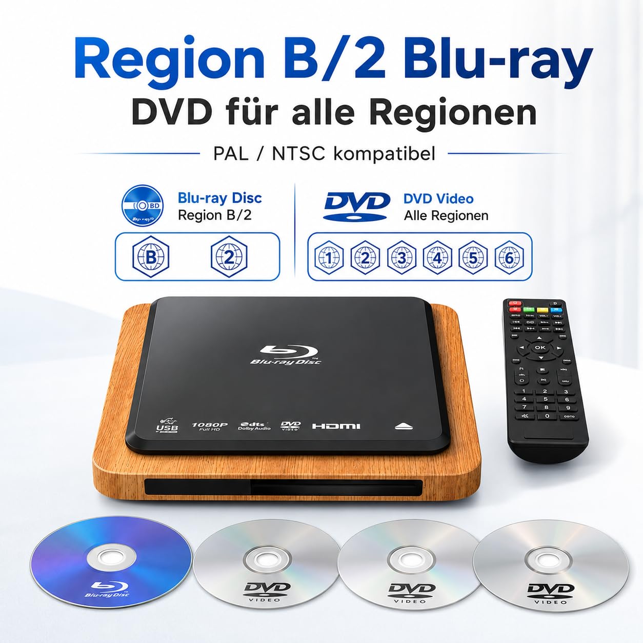 Lecteur Blu-ray 1080p Full HD, région B/2 et lecteur DVD toutes régions, Dolby Audio, HDMI/AV/USB, PAL/NTSC, câble HDMI et AV, lecteur DVD Blu-ray compact pour TV et home cinéma
