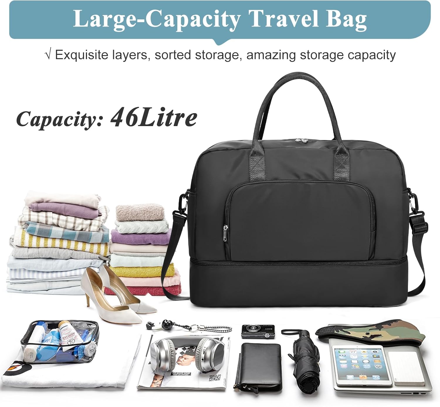 Weekender Bags for Women, Travel Duffel Overnight Carry On Weekend Bag with Shoes Compartment,Black - Image 3