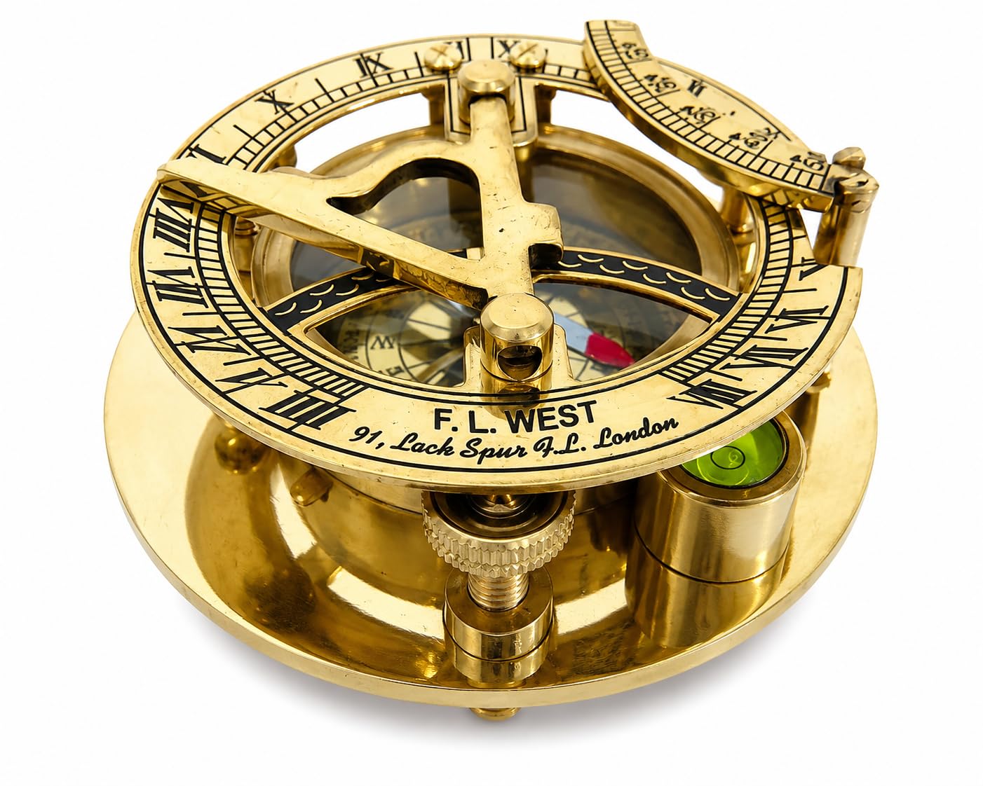 Fascinating Solid Brass Sundial Clock with Inset Compass & Engraved Vane. 3 Inches