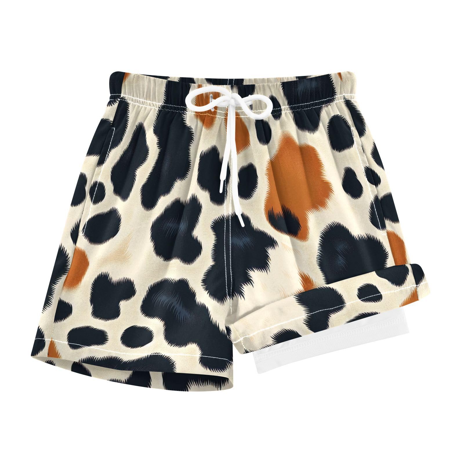 YANENDIE Boy Swim Trunks with Compression Liner Brown Cow Print Boys Swim Shorts Quick Dry Beach Shorts