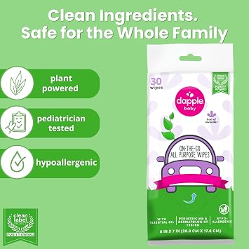 Dapple baby All Purpose Wipes, Hypoallergenic & Powered by Plants Cleaning Wipes, Hint of Lavender, 30 Count (Pack of 1)