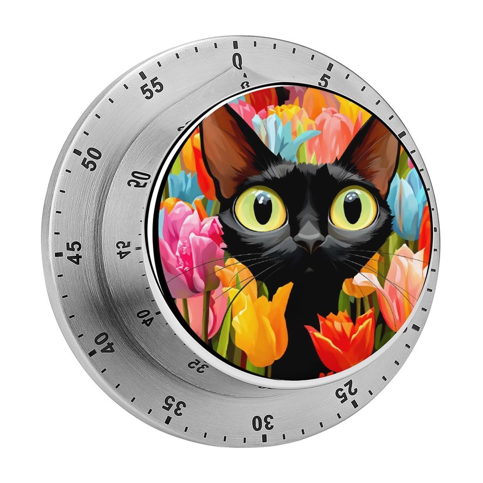 Black Cat Tulips Floral Spring Art 60 Minute Wind Up Timer,Visual Mechanical Magnetic Timer with Loud Alarm for Kitchen