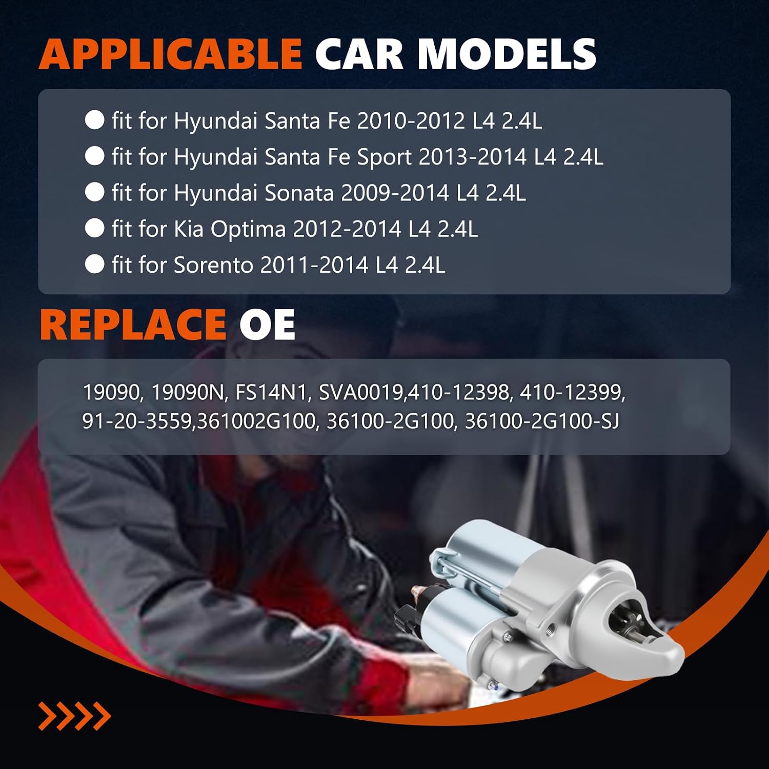 19090 Starter for 2.4L Sonata 2009-2014, Optima 2012-2014, Santa Fe 10-12, Sorento 11-14, 1.2KW 12V 9T CW, 19090N 361002G100 FS14N1 SVA0019 410-12398 410-12398 410-12399 91-20-3559
