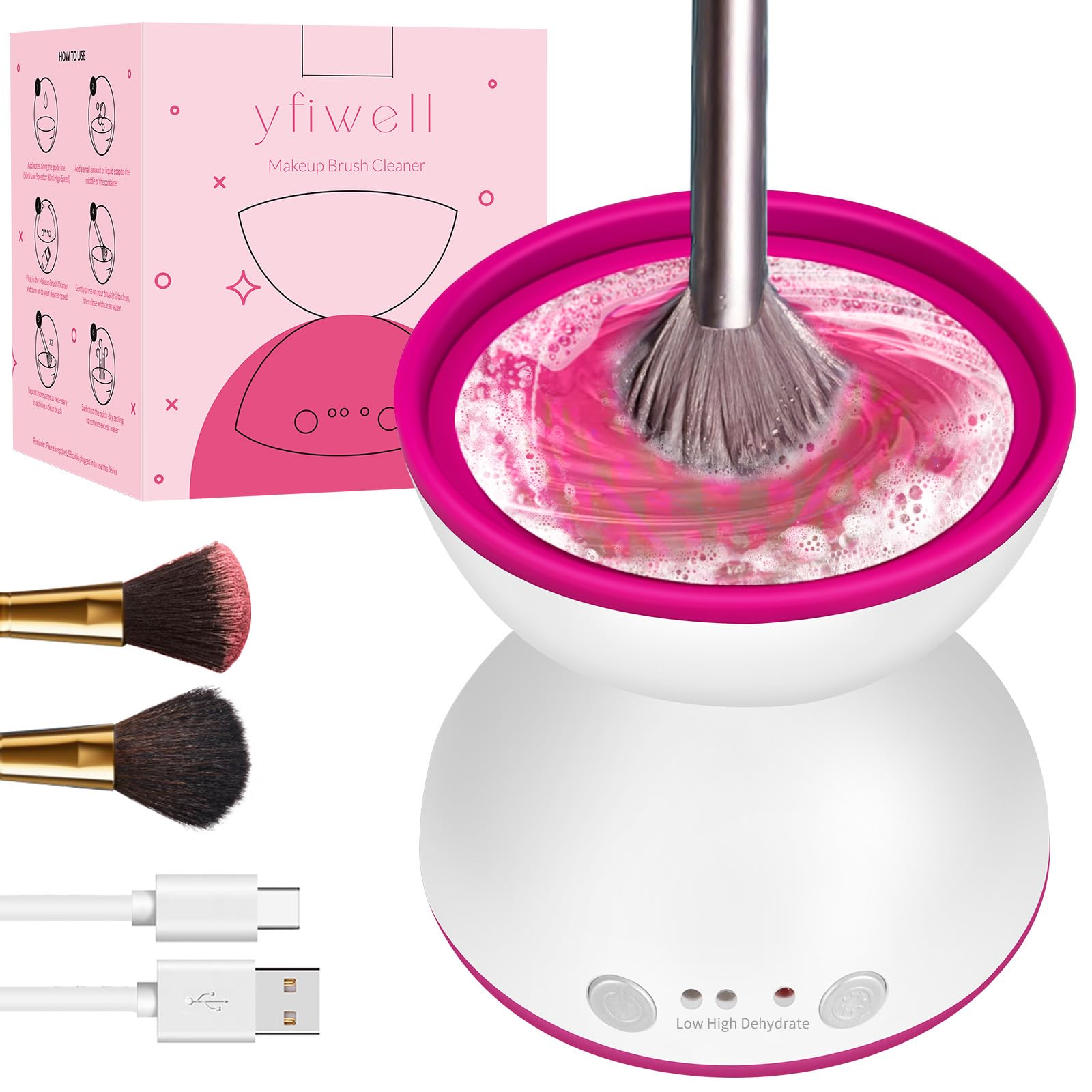 Macchina per la pulizia dei pennelli da trucco, funzione di velocità e disidratazione a due marce, adattatore 5 V/2 A, portatile, automatico, USB, per pennelli cosmetici di tutte le