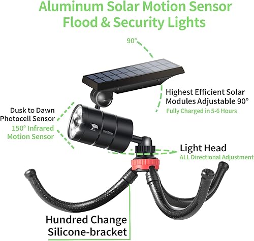 Miniatura 5 de Luces solares de aluminio con sensor de movimiento para acampar al aire libre, 1400 lúmenes, 9 W (equivalente a 130 W), focos de emergencia LED para